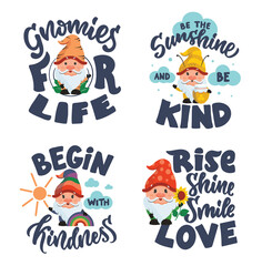 The set of lettering phrases with gnomes. The collection funny characters and text