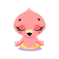 Vector flat cute cartoon doodle flamingo meditation. Tropical jungle safari animals meditate. Animals yoga