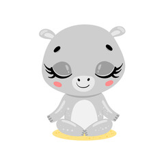 Vector flat cute cartoon doodle hippo meditation. Tropical jungle safari animals meditate. Animals yoga