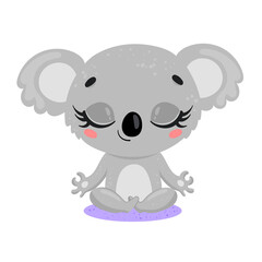 flat cute cartoon doodle koala meditation. Tropical jungle safari animals meditate. Animals yoga © Bonbonny