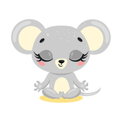 flat cute cartoon doodle mouse meditation. Animals meditate. Animals yoga