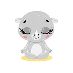 flat cute cartoon doodle rhino meditation. Tropical jungle safari animals meditate. Animals yoga