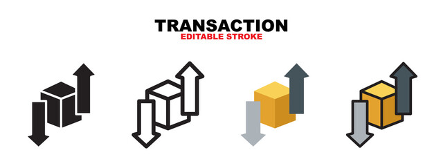 Transaction icon set with different styles. Icons designed in filled, outline, flat, glyph and line colored. Editable stroke and pixel perfect. Can be used for web, mobile, ui and more.