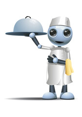 illustration of  a little robot elegant male chef hold food tray