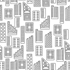 Buildings in town pattern. Urban abstract pattern. Seamless texture with city landscape, blocks and houses black line on white background. Repeat endless pattern, vector illustration, style flat