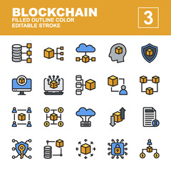 Icon Set of Blockchain. Line color icons vector. Contains such of database, cloud server, protection, security, site map, transaction and more. You can use for web, app and more. Editable stroke.