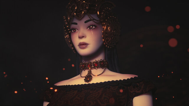 Portrait of a beautiful sad medieval brunette queen with tears in her eyes. 3d render of dramatic crying stylized princess wears vintage bronze crown with necklace on dark scene. Fantasy world cover.