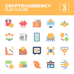 flat color icon symbol set, cryptocurrency concept, bitcoin, blockchain, gift, piggy bank, user, forum, contract, security, mining, withdraw, deposit, Isolated line vector design, editable stroke