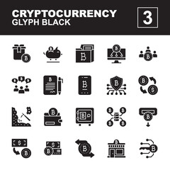 glyph black icon symbol set, cryptocurrency concept, bitcoin, blockchain, gift, piggy bank, user, forum, contract, security, mining, withdraw, deposit, Isolated line vector design, editable stroke
