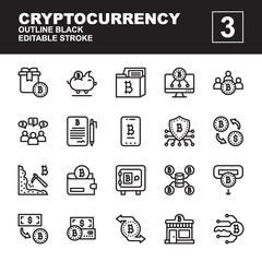 outline black icon symbol set, cryptocurrency concept, bitcoin, blockchain, gift, piggy bank, user, forum, contract, security, mining, withdraw, deposit, Isolated line vector design, editable stroke