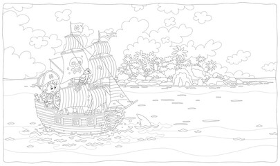 Little boy pirate steering a toy sea sailing ship with guns and a black flag of Jolly Roger with bones on a main mast, black and white outline vector cartoon illustration for a coloring book page