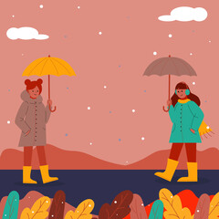  Autumn. Meeting, walking girls under the umbrella in beige, brown, yellow