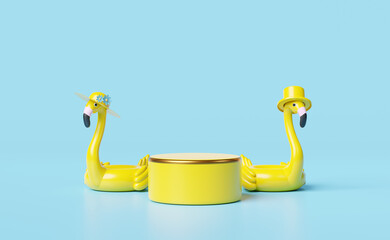 yellow cylinder stage podium empty with Inflatable flamingo,hat isolated on blue background. shopping summer sale concept ,3d illustration or 3d render