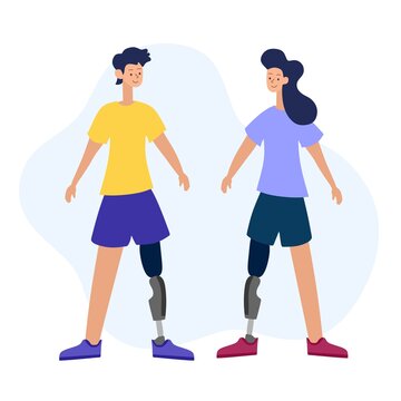 Vector illustration of people with disabilities in a cartoon style. A disabled person with a prosthetic leg. A prosthesis, a disabled person on a white background.