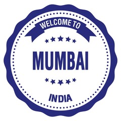 WELCOME TO MUMBAI - INDIA, words written on blue stamp