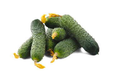Several green cucumbers with withered yellow flowers are stacked in a random order and isolated on a clean white background with soft shadows.