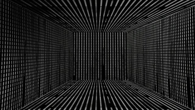 Abstract monochrome futuristic background with the strings forming a corridor. Motion. Narrow white lines or segments creating 3D shaped rectangular space and disappear on black backdrop.