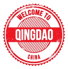 WELCOME TO QINGDAO - CHINA, words written on red stamp