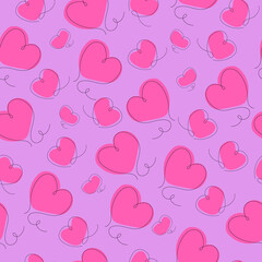 Vector seamless pattern with pink hearts drawn in a single line on a purple pastel background. Suitable for wrapping paper for gifts for Valentine's Day, wedding celebration, printing on fabrics.