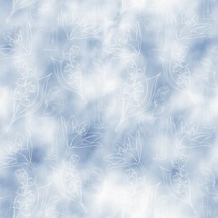 Seamless contour pattern of flowers and a couple in love on a blue watercolor background