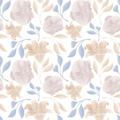 Seamless natural pattern of illustrations of orchid and lily flowers with twigs and leaves in beige, blue on a white background