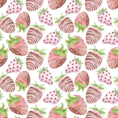 Rollo Seamless pattern of watercolor illustrations, strawberries with a design of milk chocolate and pink © Александра Уткаева