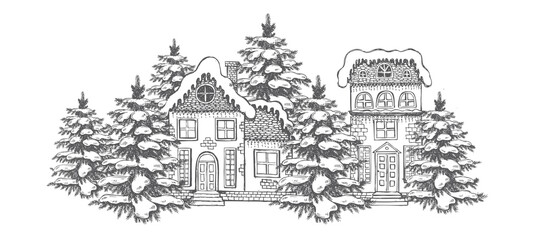 Illustration of houses. Christmas Greeting card. Set of hand drawn buildings.	
