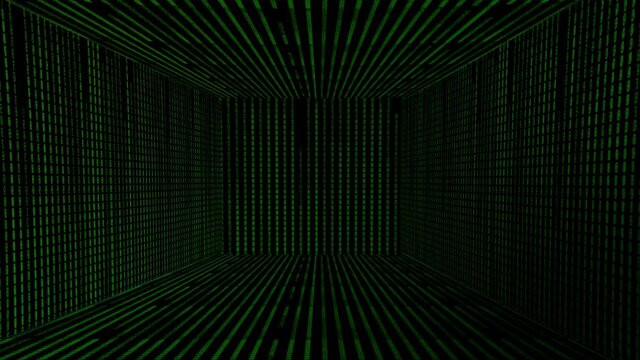 Abstract green futuristic background with the strings forming a corridor. Motion. Narrow lines or segments creating 3D shaped rectangular space and disappear on black backdrop, matrix effect.