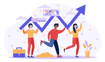 Progress development concept. Characters are holding an upward-pointing graph in their hands. Metaphor for improving labor productivity and increasing the number of sales. Flat vector illustration