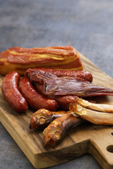 homemade smoked foods; bacon, sausage, beef jerky, fish