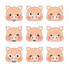 Set of cute cartoon piggy emoji set isolated on white background. Vector Illustration.