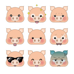 Set of cute cartoon piggy emoji set isolated on white background. Vector Illustration.