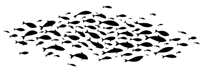 Black large flock of fish. School of fish. Vector illustration