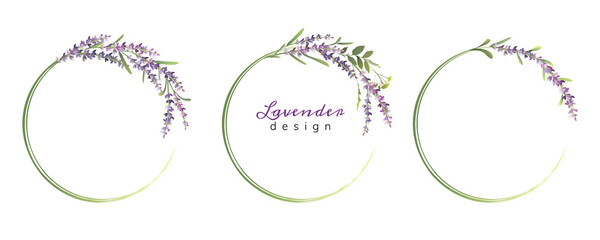 Set of lavender colorful wreaths or frames. Vector illustration - obrazy, fototapety, plakaty