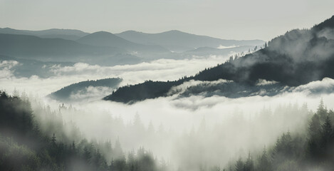 Summer morning overlooking the top of the mountains and the forest. Fog or clouds early in the morning in the mountains.