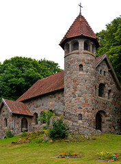 Built in 1925 from field stone, the Neo-Romanesque Evangelical-Ausburg church in Rasząg na warmi in Poland.