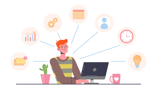 Multitasking concept. A person sits at a computer at the workplace and performs several tasks simultaneously. Icons of all cases. Cartoon modern flat vector illustration isolated on a white background