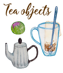 Watercolor hand drawn tea set, transparent glass cup, tea bag, knitted tea, metal teapot