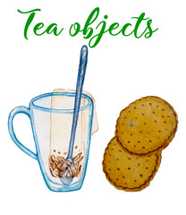 Watercolor hand drawn tea set, transparent glass, tea cookies