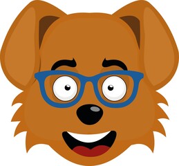 Vector emoticon illustration of the face of a cartoon dog with blue glasses