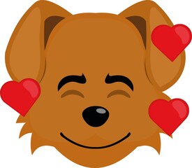 Vector emoticon illustration of a cartoon dog's face surrounded by hearts