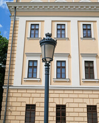 Old style street light in front of the Reformed College in Debrecen city