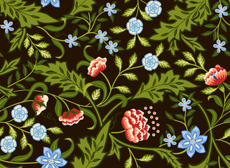 Floral seamless pattern with flowers and foliage on dark background. Vector illustration. - 445404531