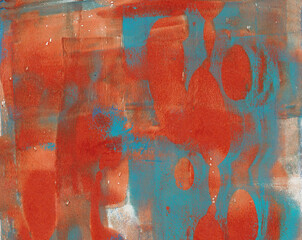Painted abstract background in turquoise blue and orange, monoprint with organic shapes