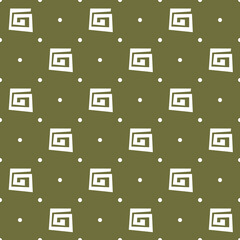 Seamless elegant mud cloth pattern with simple white swirl and dots decoration in rhombus shapes on olive green background