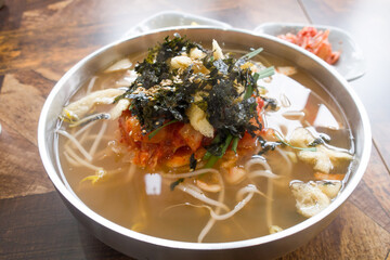 Korean food feast noodles, kimchi banquet noodles.