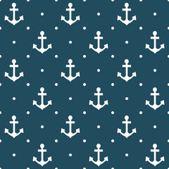 Seamless elegant nautical pattern with anchor and dots decoration in rhombus shapes in white color on navy blue background
