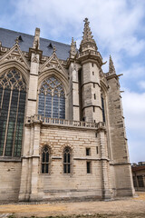 Fototapeta na wymiar Architectural fragments of Sainte-Chapelle (Holy Chapel, 1379) in Vincennes. Vincennes (6.7 km from Paris), Val-de-Marne department, France.