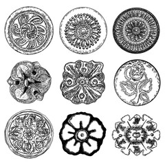 Antique style drawn flowers with petals. Decorative design elements in baroque, rococo style for pattern cover, fabric, textile, wrapping paper. Vector.