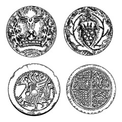 Beautiful hand drawn baroque elements or vintage patch for scarf, print or fabric design. Decorative marble stone architecture element. Vector.